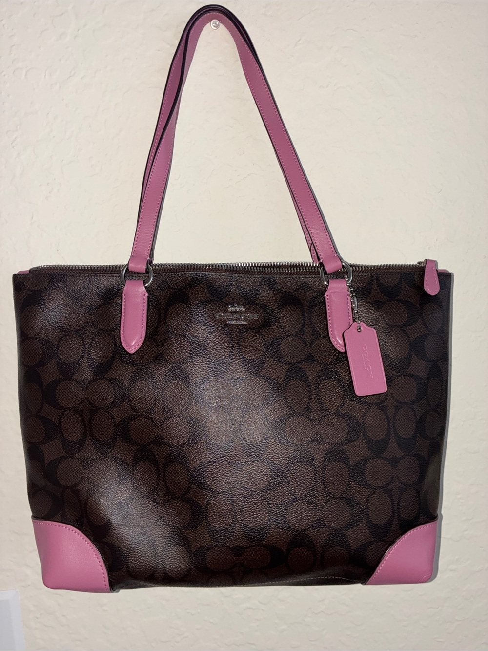 Coach Brown Signature Tote with Pink Handles and Accents